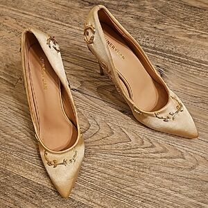 Elegant Gold Silk Heels by Juneryuan Stain On Right Shoe